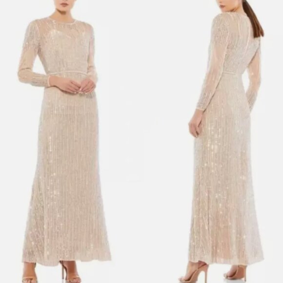 MAC DUGGAL 93629 SEQUINED HIGH NECK LONG SLEEVE TRUMPET ROSE GOLD GOWN sz 16 - Picture 8 of 9